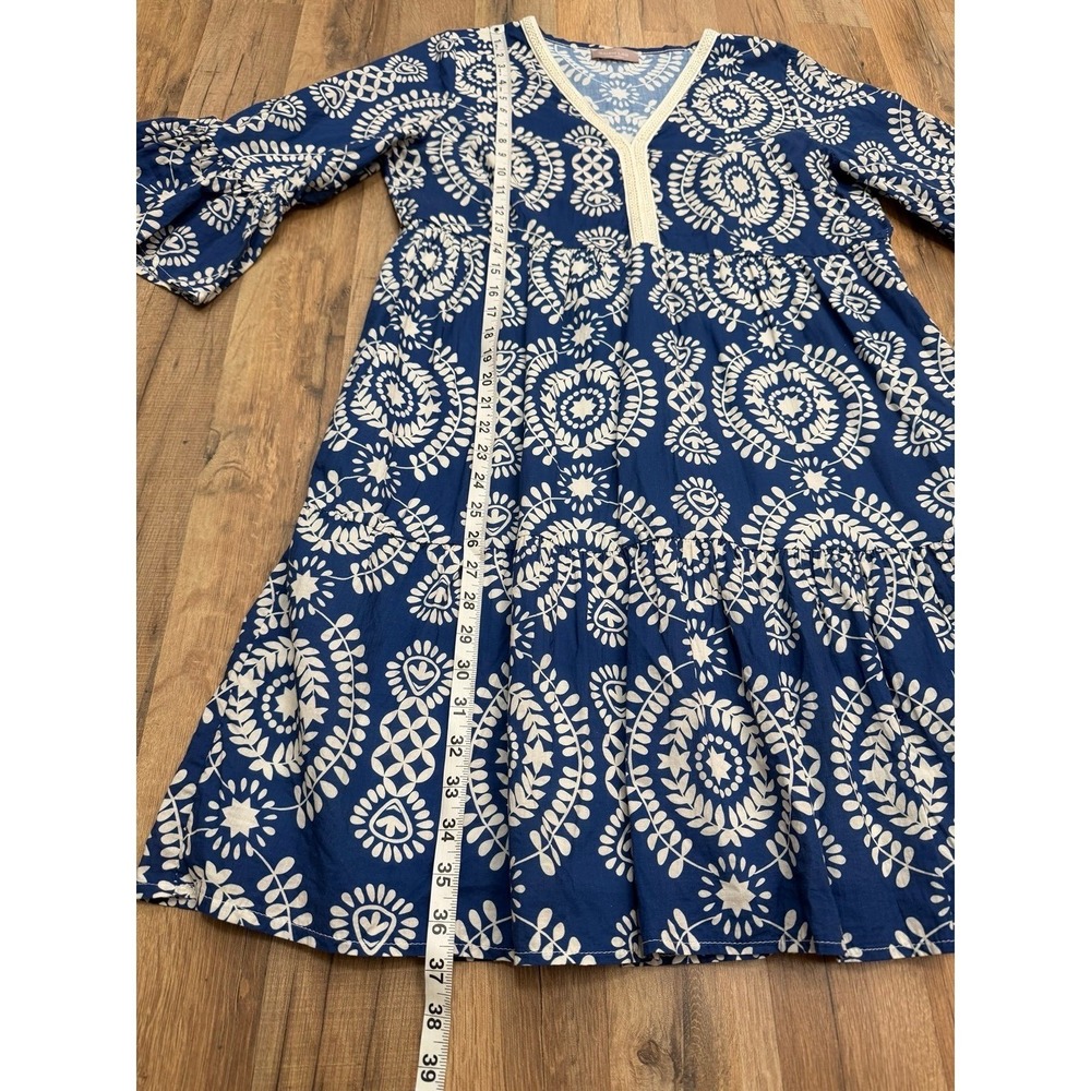 Saiph Lab Italy Blue Boho Cotton Dress L Tiered V Neck Peasant - Picture 8 of 10